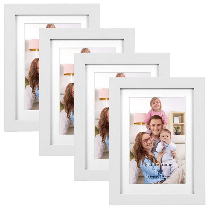 4X6 PICTURE FRAME SET OF 4 WHITE WOOD GRAIN FRAMES FOR 4X6 PHOTOS WITH MAT OR 5X7 WITHOUT MAT WALL OR TABLETOP DISPLAY