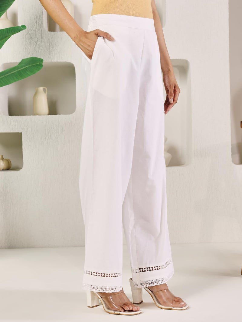 FIORRA Women's White Cotton Solid Palazzo BTM016 - Image 3