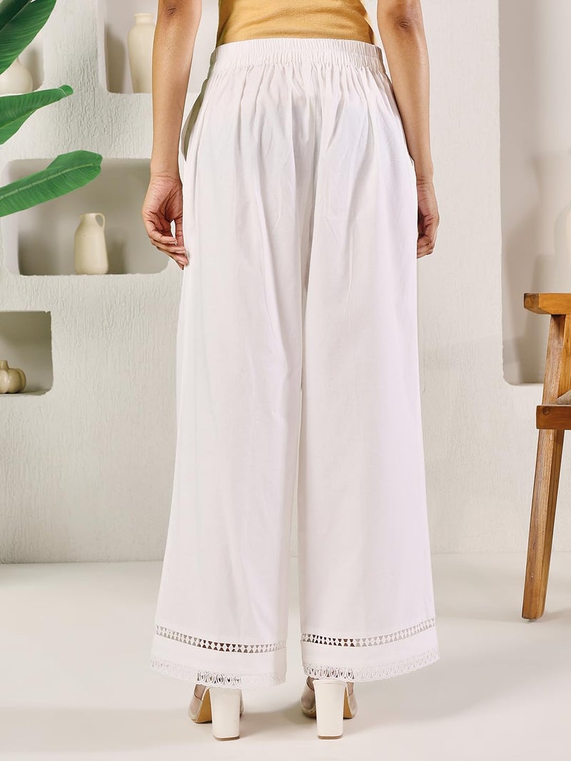 FIORRA Women's White Cotton Solid Palazzo BTM016 - Image 2