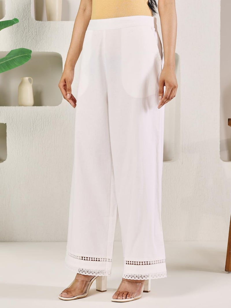 FIORRA Women's White Cotton Solid Palazzo BTM016 - Image 4