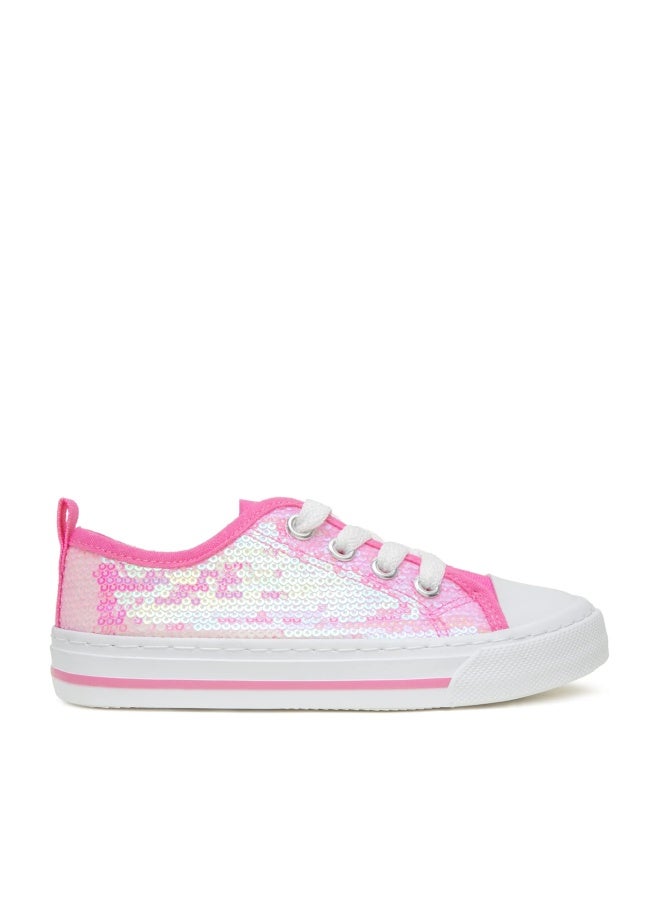 Toandon Girls Kids Sneakers Glitter Sequins Canvas Shoes Toddler Child Glitter Sparkle Low Top Lace Up Non Slip Lightweight Walking Outdoor Pink Size 1 - Image 1