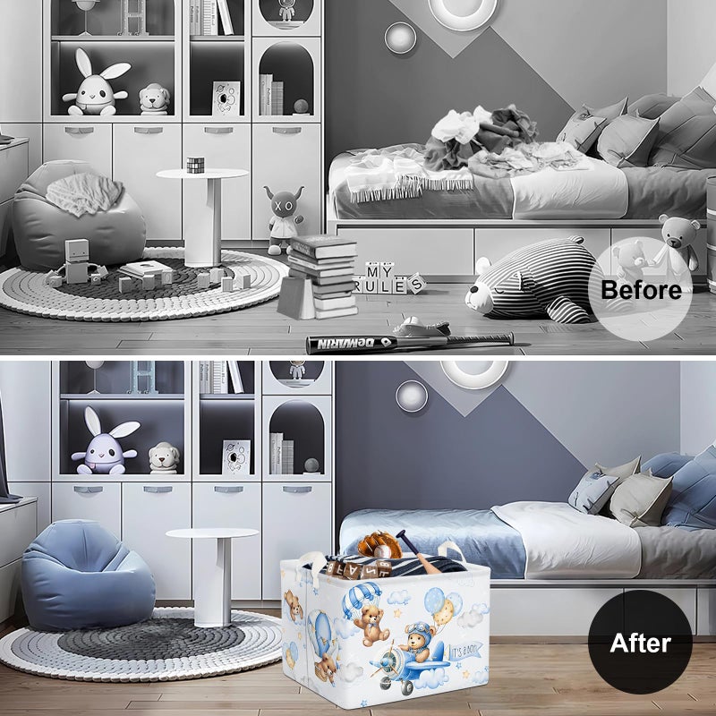 Clastyle 36L Large Blue Bear Pilot Hot Air Balloon Shelf Basket with Handle Collapsible Rectangle Toy Clothes Storage Basket for Kid Room Nursery, 40 * 30 * 30 cm - Image 2