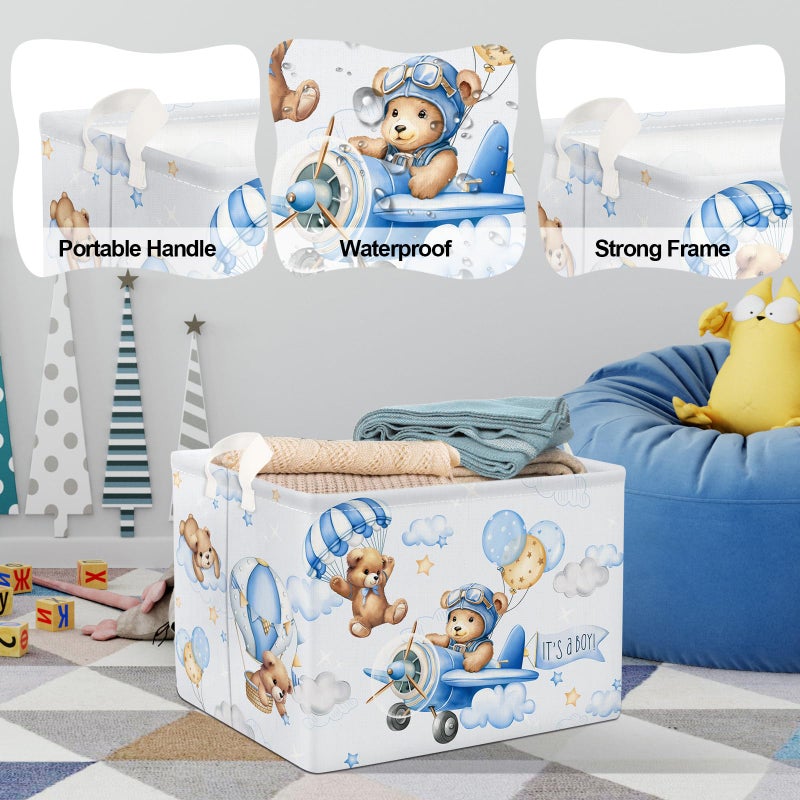 Clastyle 36L Large Blue Bear Pilot Hot Air Balloon Shelf Basket with Handle Collapsible Rectangle Toy Clothes Storage Basket for Kid Room Nursery, 40 * 30 * 30 cm - Image 4