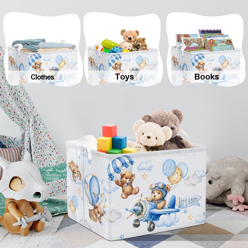 Clastyle 36L Large Blue Bear Pilot Hot Air Balloon Shelf Basket with Handle Collapsible Rectangle Toy Clothes Storage Basket for Kid Room Nursery, 40 * 30 * 30 cm - Image 5
