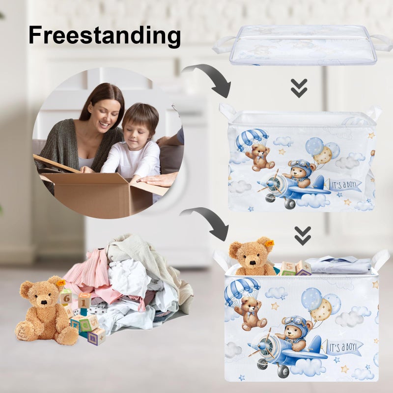 Clastyle 36L Large Blue Bear Pilot Hot Air Balloon Shelf Basket with Handle Collapsible Rectangle Toy Clothes Storage Basket for Kid Room Nursery, 40 * 30 * 30 cm - Image 3