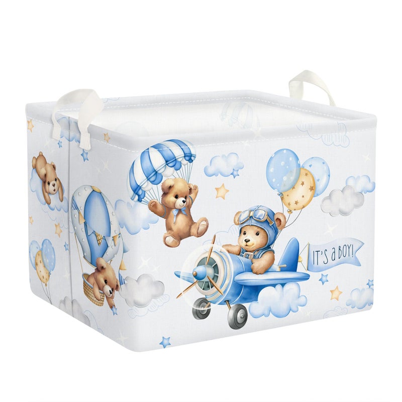 Clastyle 36L Large Blue Bear Pilot Hot Air Balloon Shelf Basket with Handle Collapsible Rectangle Toy Clothes Storage Basket for Kid Room Nursery, 40 * 30 * 30 cm - Image 1