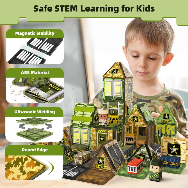 GobiDex 100PCS Magnetic Building Blocks Army Toys, STEM Military Magnetic Tiles with Army Men, Magnet Construction Toys for Toddler Kids Ages 3-5 5-7 4-8, Birthday Gifts for 3+ Year Old Boys Girls - Image 3