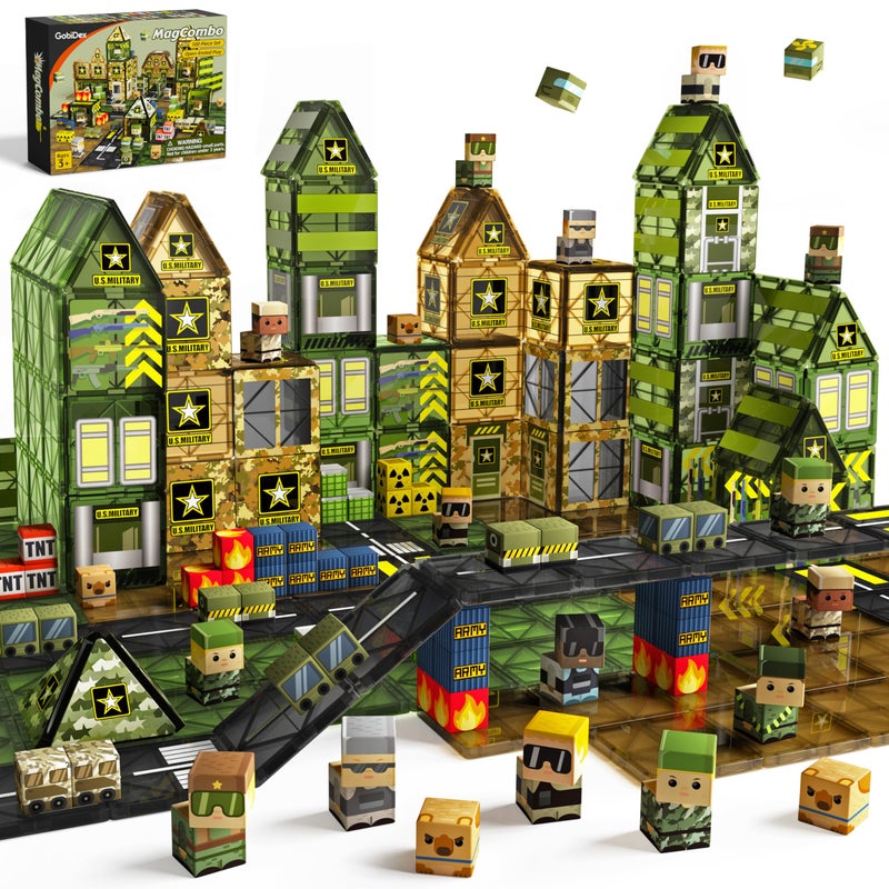 GobiDex 100PCS Magnetic Building Blocks Army Toys, STEM Military Magnetic Tiles with Army Men, Magnet Construction Toys for Toddler Kids Ages 3-5 5-7 4-8, Birthday Gifts for 3+ Year Old Boys Girls - Image 1