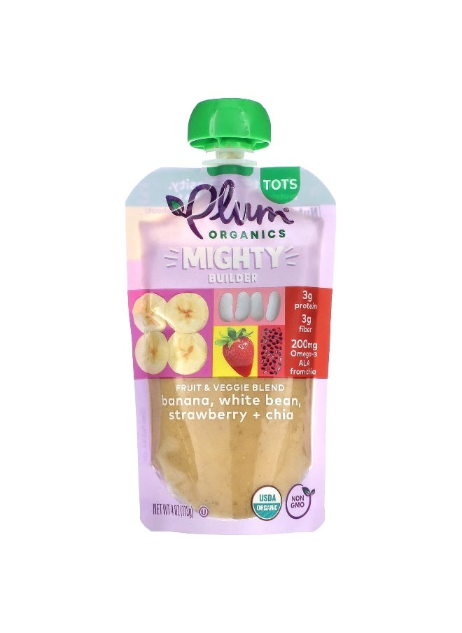 Plum Organics Plum Organics, Mighty Builder, Fruit & Veggie Blend, Tots, Banana, White Bean, Strawberry + Chia, 4 oz (113 g)  - Image 1