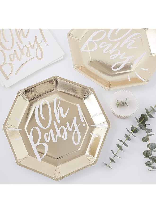 Ginger Ray Oh Baby Party Paper Plate 8 Piece, 25 Cm Diameter, Gold - Image 1