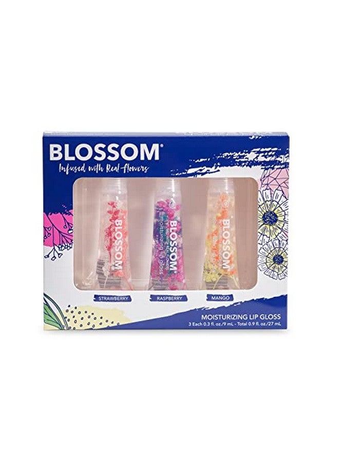 Blossom Scented Moisturizing Lip Gloss Tubes, Infused With Real Flowers, 0.9 Fl. Oz;27Ml, 3 Pack Gift Set, Strawberry;Raspberry;Mango - Image 1