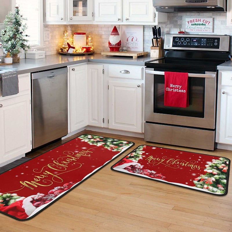 kukli kitchen Christmas Kitchen Rugs 2 PCS, Merry Christmas Kitchen Rug, Non Skid Washable Padded Soft Comfort Kitchen Rugs Set (17"x47"+17"x30",Merry Christmas) - Image 1
