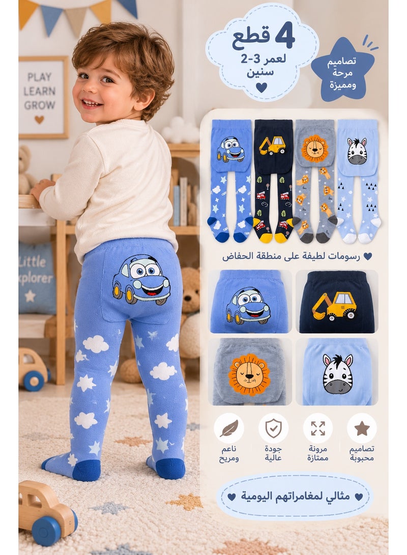 Winter leggings for babies, set of 4 pairs featuring cute and varied colors and designs. Made from soft and comfortable fabric that is gentle on the baby’s skin, with a comfortable elastic waistband for easy wear. These slim-fit autumn leggings are suitable for babies aged 2–3 years. - Image 1