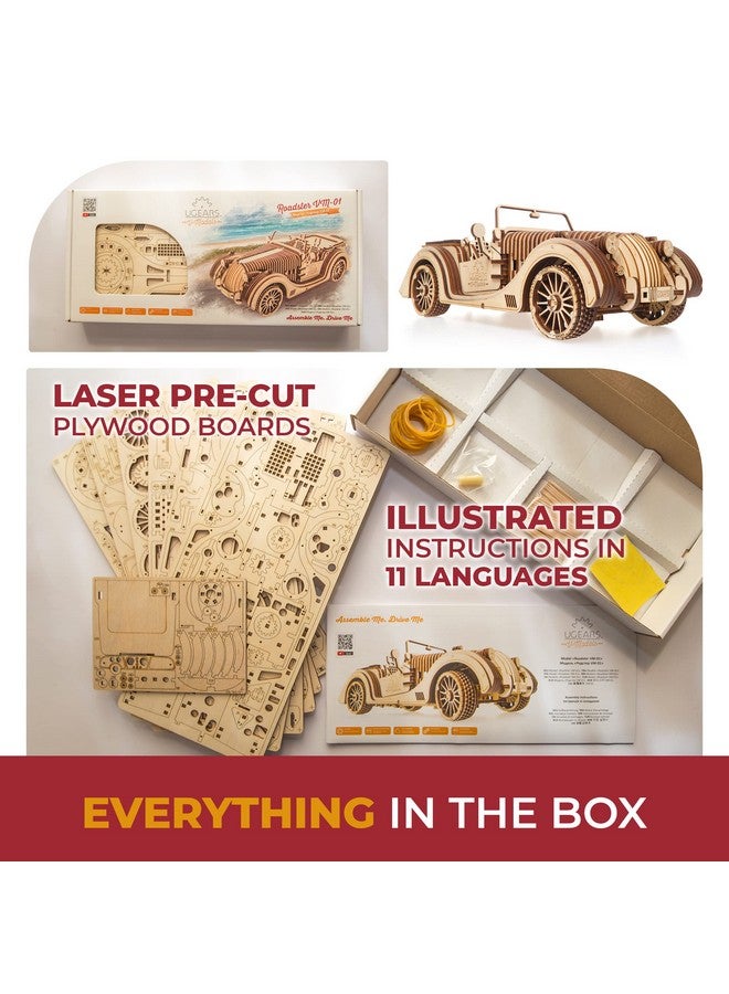 أوجيرز لعبة Ugears Roadster VM-01 | أحجية تروس خشبية | مجموعات STEM DIY للكبار | أحجية تعمل بمقبض يدوي، مركبات عملية مزودة بمكابس وعجلات وممتصات صدمات | مجموعة تعليمية، أحجية تروس ميكانيكية - Image 4