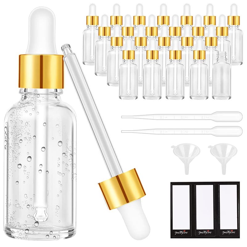 PrettyCare 24 Pack 2 Oz Glass Eye Dropper Bottles Clear, 60 ml Empty Tincture Dropper Bottle with droppers, 1 Extra Cap, 2 Plastic Funnels, 2 Pipettes & 48 stickers for DIY Essential Oils, Body Oil, Beauty Oil  - Image 1