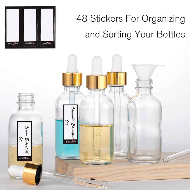 PrettyCare 24 Pack 2 Oz Glass Eye Dropper Bottles Clear, 60 ml Empty Tincture Dropper Bottle with droppers, 1 Extra Cap, 2 Plastic Funnels, 2 Pipettes & 48 stickers for DIY Essential Oils, Body Oil, Beauty Oil  - Image 5