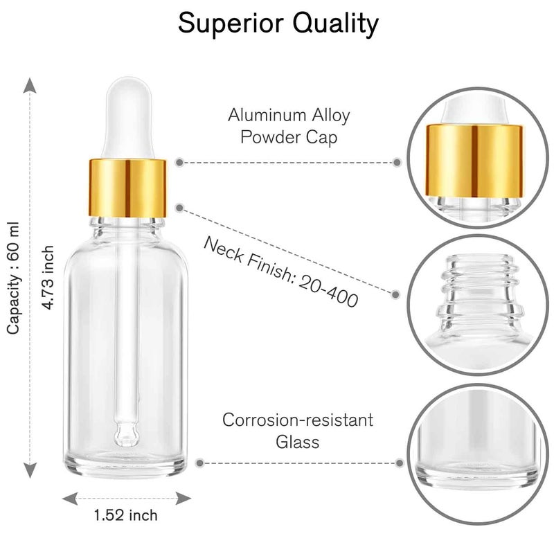 PrettyCare 24 Pack 2 Oz Glass Eye Dropper Bottles Clear, 60 ml Empty Tincture Dropper Bottle with droppers, 1 Extra Cap, 2 Plastic Funnels, 2 Pipettes & 48 stickers for DIY Essential Oils, Body Oil, Beauty Oil  - Image 2