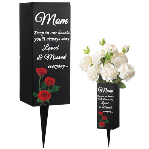 Geosar Mom Cemetery Vases for Grave Metal Cemetery Grave Flower Vase Memorial Flower Holder with Spike Mom Floral Graveyard Decorations for Burial Ground Lawn Yard Funeral Favors