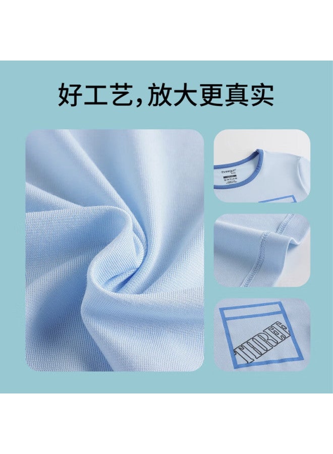 Threegun Kids' Anti-Mite Antibacterial Wood Fiber Home Wear With Moisture Wicking And Sweat Absorption Short Sleeve Shorts Set Sky Blue 120