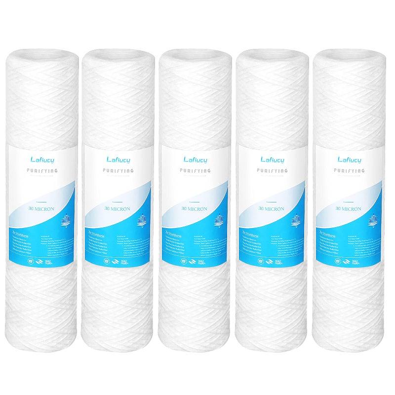 Lafiucy Lafiucy 30 Micron 10 x 25 String Wound Sediment Water Filter Cartridge5 PackWhole House Sediment Filtration Universal Replacement for Most 10 inch RO Unit