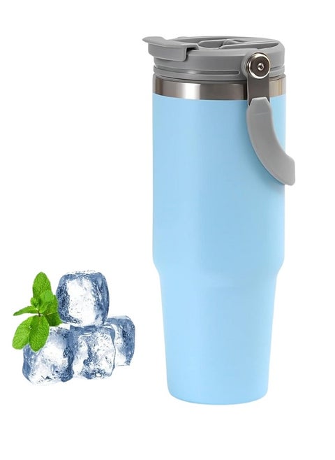 900ml Stainless Steel Thermos Flask with Handle, Lid, and Straw, Keeps Drinks Hot or Cold - blue