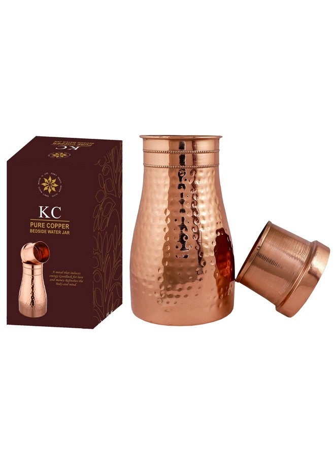 KC Pure Copper Designer Copper Water Bottle | Pitchers | Water Jug | Bedroom Jar | Bedside Bottle Carafes with Tumbler/Glass with Lid 1250 ML (Hammered) - Image 1