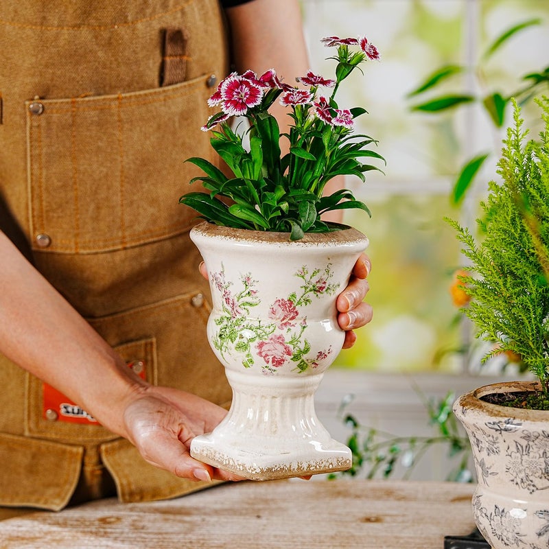 Sungmor Small Ceramic Urn Planter - Pink Scroll Floral Pedestal Flower Pot, Decorative Vintage Chinoiserie Style Planters, Tuscan Accent Vase Indoor Outdoor Plant Holder with Drainage - Image 4