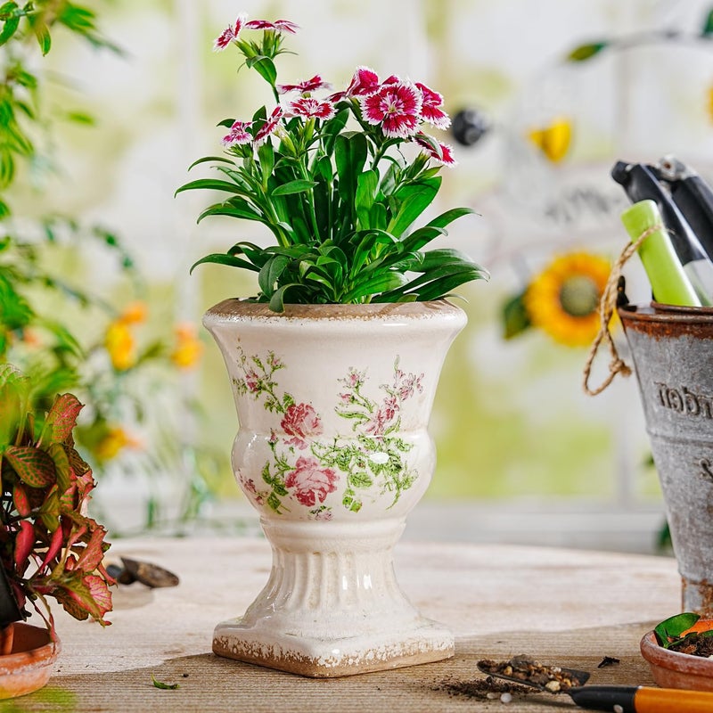 Sungmor Small Ceramic Urn Planter - Pink Scroll Floral Pedestal Flower Pot, Decorative Vintage Chinoiserie Style Planters, Tuscan Accent Vase Indoor Outdoor Plant Holder with Drainage - Image 5