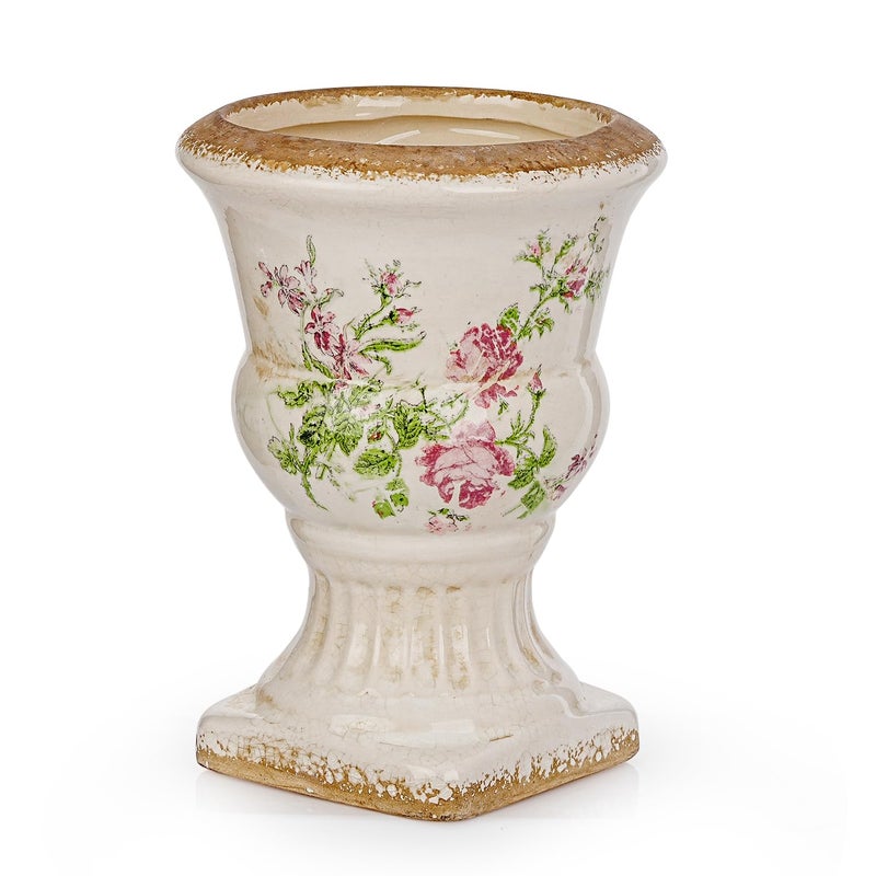 Sungmor Small Ceramic Urn Planter - Pink Scroll Floral Pedestal Flower Pot, Decorative Vintage Chinoiserie Style Planters, Tuscan Accent Vase Indoor Outdoor Plant Holder with Drainage - Image 1