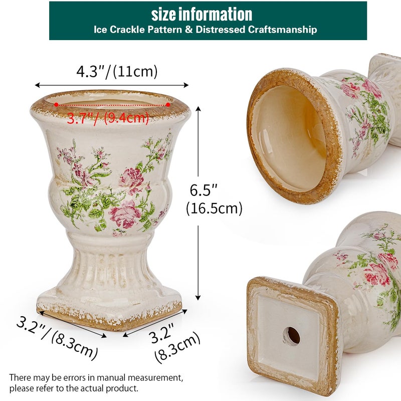 Sungmor Small Ceramic Urn Planter - Pink Scroll Floral Pedestal Flower Pot, Decorative Vintage Chinoiserie Style Planters, Tuscan Accent Vase Indoor Outdoor Plant Holder with Drainage - Image 3