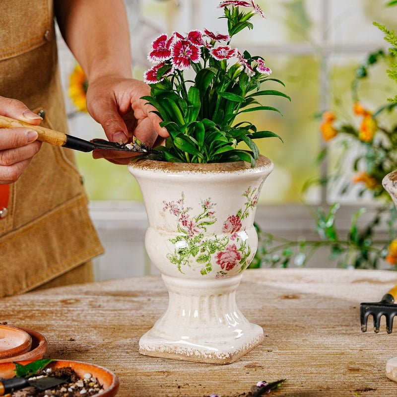 Sungmor Small Ceramic Urn Planter - Pink Scroll Floral Pedestal Flower Pot, Decorative Vintage Chinoiserie Style Planters, Tuscan Accent Vase Indoor Outdoor Plant Holder with Drainage - Image 2