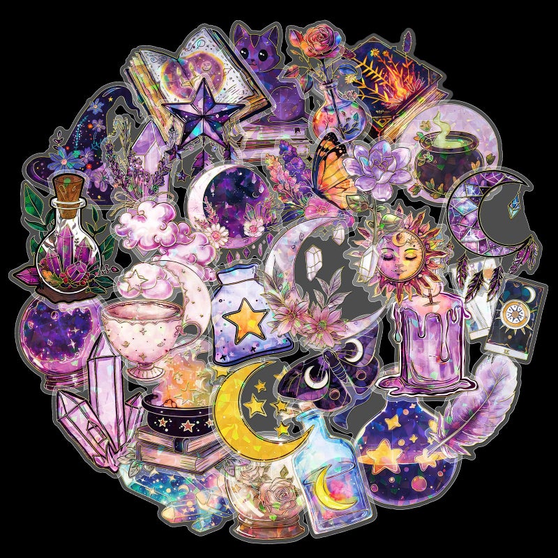 Holographic Gold Foil Magic Witch Astrology Stickers 30Pcs Transparent Mysterious Witchy Stuff Stickers for Scrapbook Journals Stationery Notebook