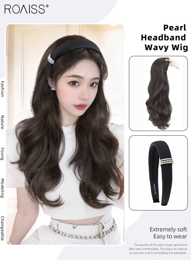 رويس شعر مستعار مموج من اللؤلؤ البني والأسود، رباط شعر عريض من اللؤلؤ للنساء، شعر مستعار صناعي قابل للإزالة ومقاوم للحرارة، شكل طبيعي مناسب للحفلات والارتداء اليومي - Image 1