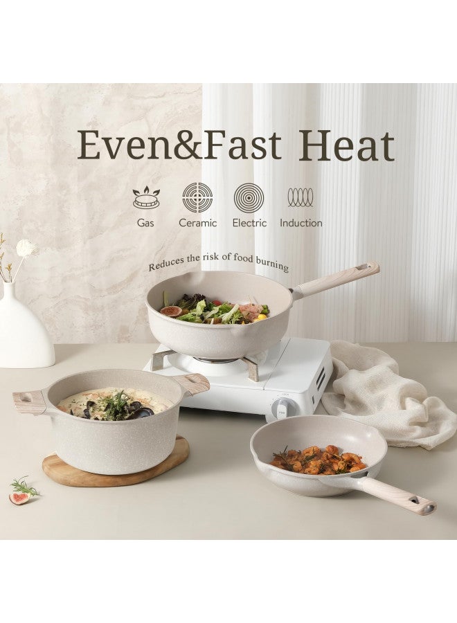 CAROTE 16pcs Pots and Pans Set Non Stick, Kitchen Cookware Sets, Large Capacity Granite Pots Set, Kitchen Induction Pots and Pans Cooking Sets, Beige - Image 4