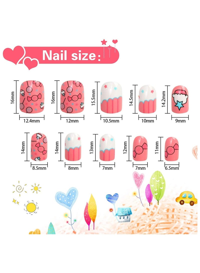 ELECDON Kids Fake Nails Press on Nails, for Girls Pre-glue Full Cover Short False Nails Children Nails Lovely Gift for Children for Girls Kids Teens Nail Art Decoration(Refreshing and Cute) - Image 2