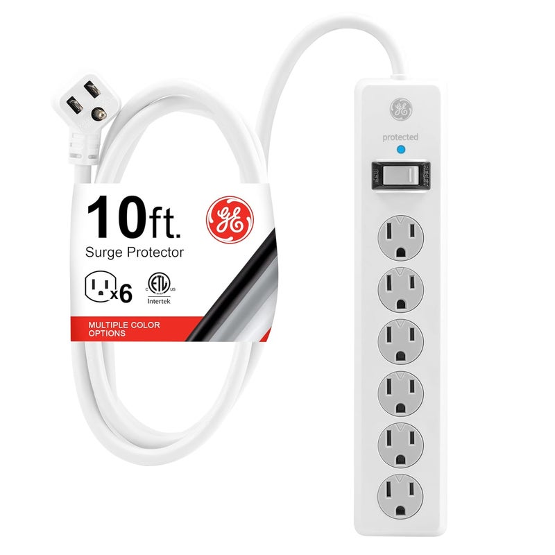 GE GE 14092 6Outlet General Purpose Surge Protector 800 Joules 10ft Cord White with Twist to Lock Safety Covers and Connected Equipment Warranty  - Image 1
