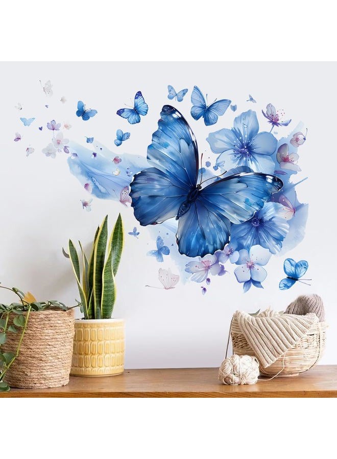 RAINBOW WSK Blue Butterfly Wall Decals Removable Butterfly Flower Wall Stickers Peel and Stick Butterflies Wall Decor Stickers for Kids Girls Bedroom Nursery Bathroom Decorations MK3155 - Image 1
