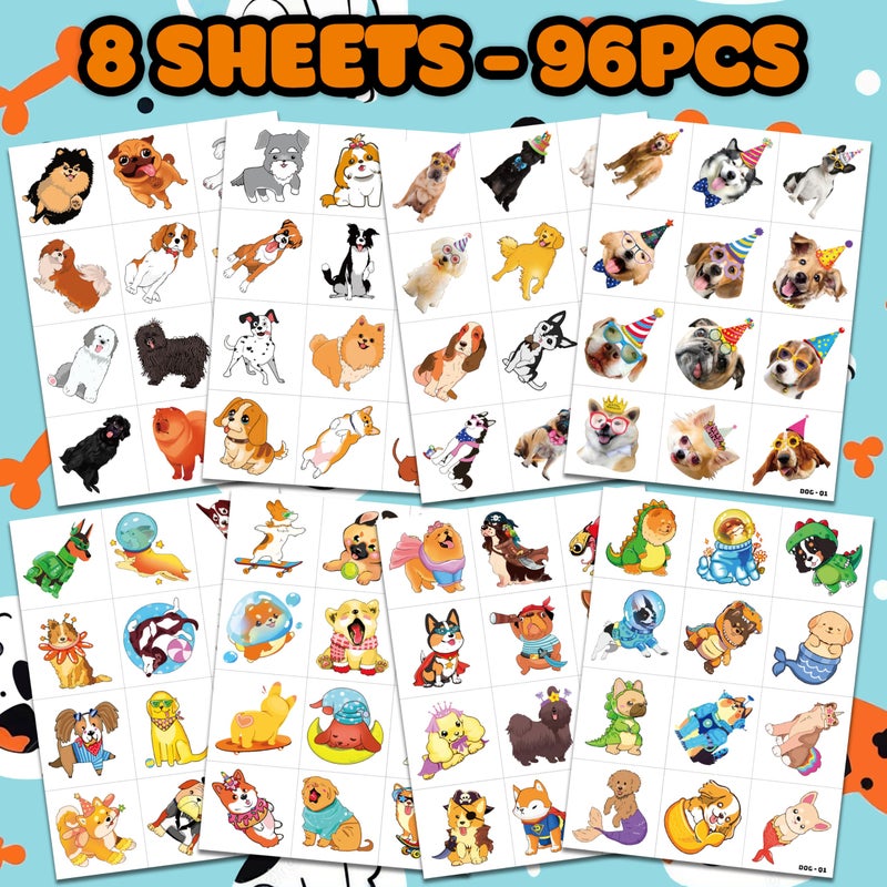 91TATTOOS 96 PCS Dog Pet Pre-Cut Temporary Tattoos for Kids | Super Cute First Themed Birthday Party Favors, Supplies, Decorations, Animal Fake Tattoo Stickers (Multiple) - Image 3