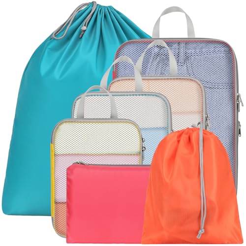 Cambond Compression Packing Cubes for Travel - 7 Set Multi-color See Through Mesh Compression Cubes for Travel Essentials with Large Laundry Bag, Luggage Packing Organizers Bags for Suitcases - Image 1