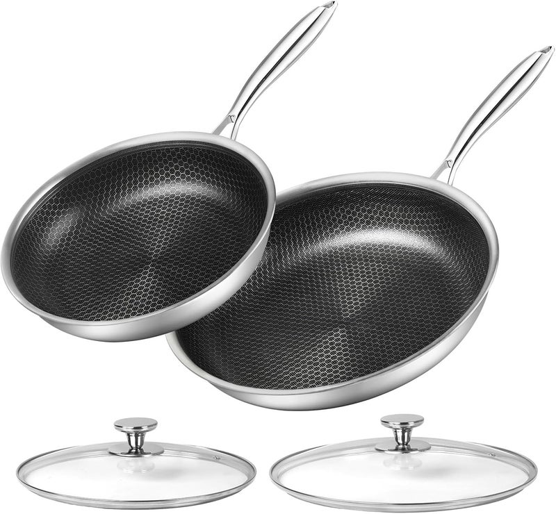 Innerwell Stainless Steel Frying Pan Set with Lid 10" and 12" Nonstick Honeycomb Coatings Skillet Set 2pcs W/Stay Cool Handle,Works Pan for Cooking with Induction Gas Stovetops Cost saving design picks - Image 1