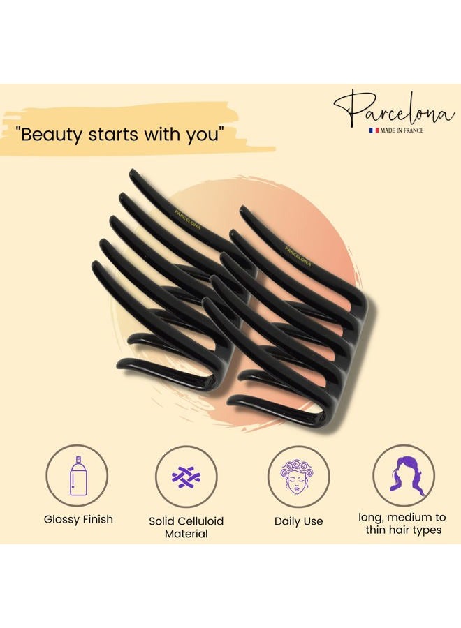 Parcelona French Crab Interlocking Medium Celluloid Glossy Black Hair Clip Side Comb 2 1/4 Inches - Image 4