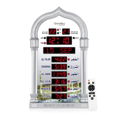 Qsnmieo Azan Clock for USA-Athan Wall Clock-Prayer Islamic Clock,Read Home/Office/Mosque Digital Azan Clock-Ramadan Eid Gifts Silver - Image 1
