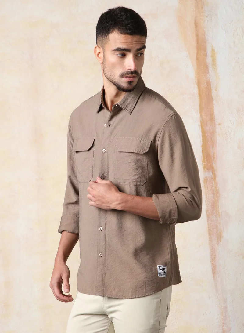 HIGH STAR Men Relaxed Fit Spread Collar Double Flap pocket utility Solid Textured Casual Shirt