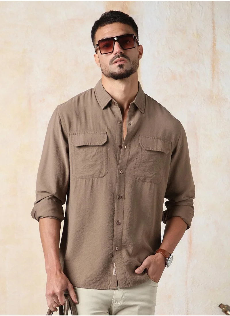 HIGH STAR Men Relaxed Fit Spread Collar Double Flap pocket utility Solid Textured Casual Shirt