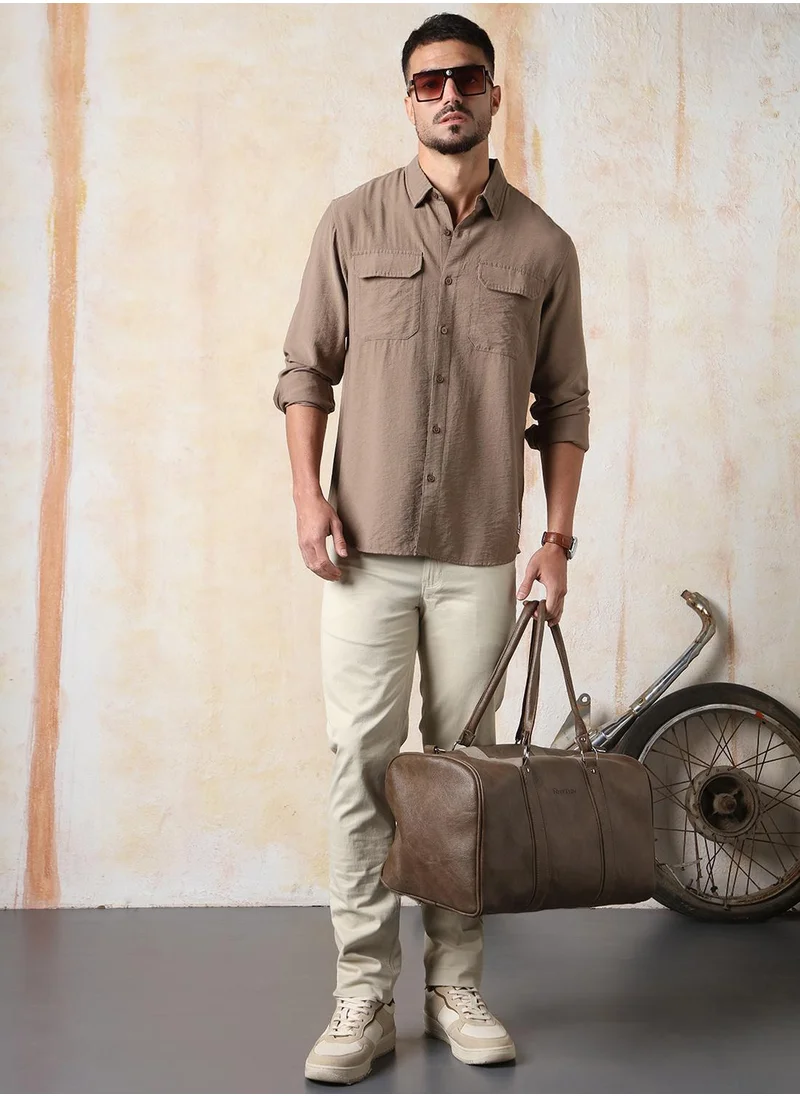 HIGH STAR Men Relaxed Fit Spread Collar Double Flap pocket utility Solid Textured Casual Shirt