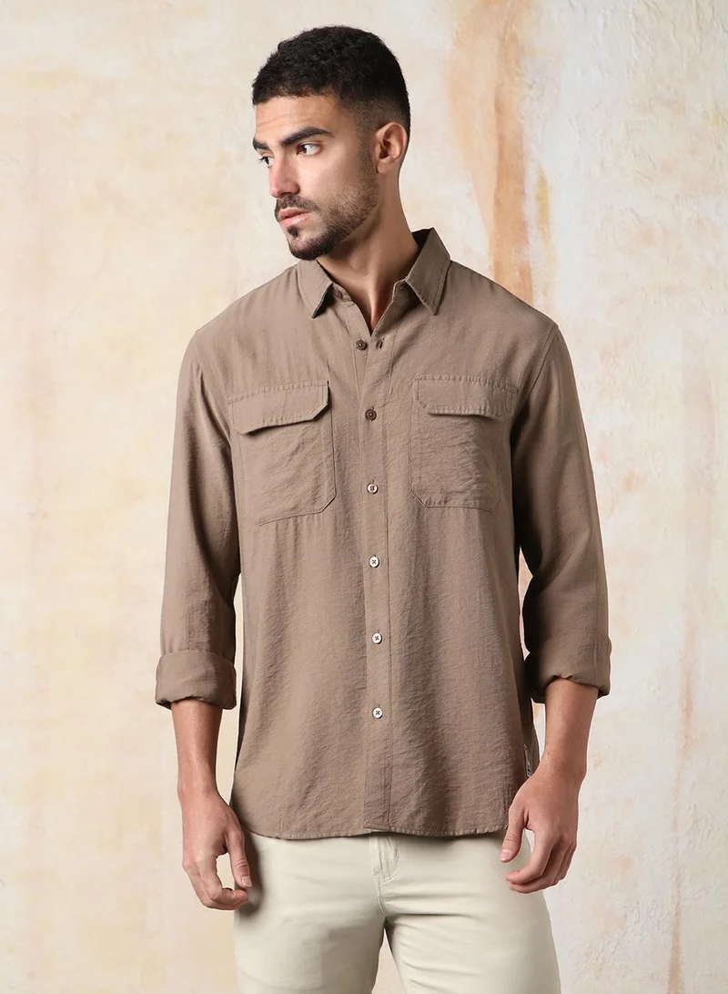 HIGH STAR Men Relaxed Fit Spread Collar Double Flap pocket utility Solid Textured Casual Shirt
