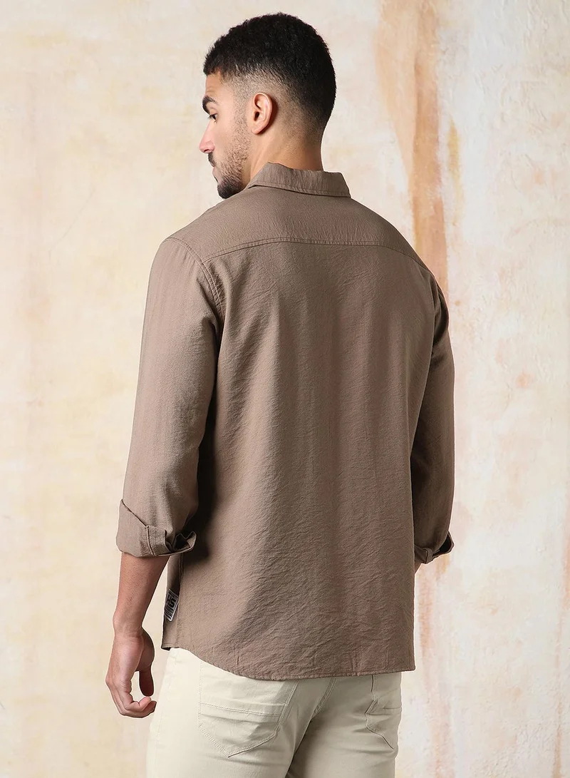 HIGH STAR Men Relaxed Fit Spread Collar Double Flap pocket utility Solid Textured Casual Shirt