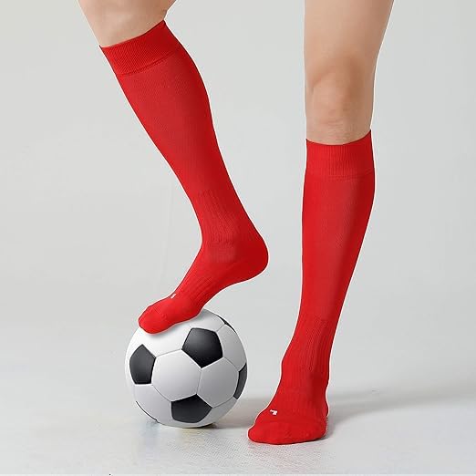 SLYK Football Soccer Socks for Men, Youth, Boys Compression Over Knee High Elasticity Performance Athletic Socks (RED) - Image 2