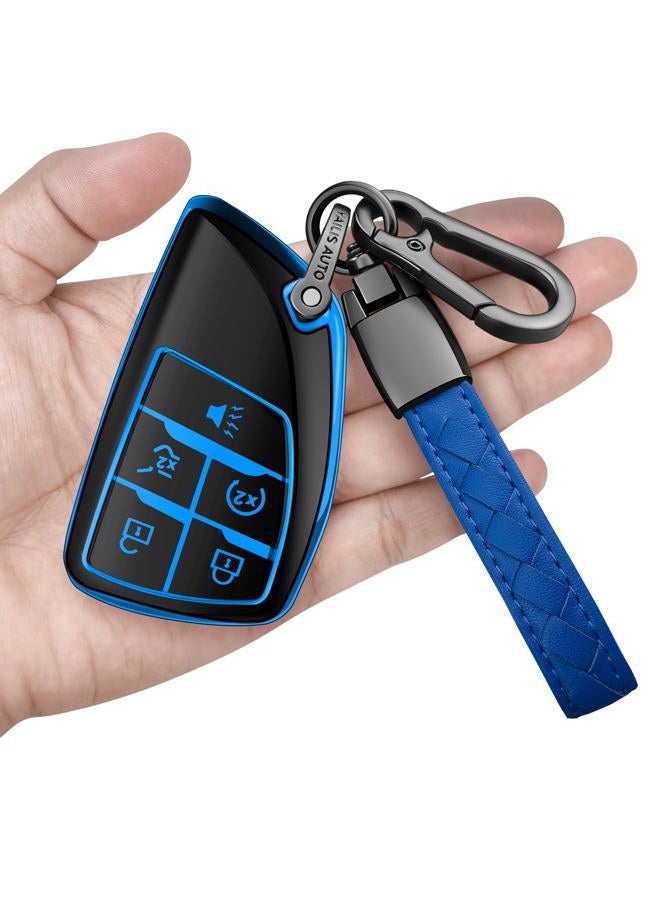 Sindeda for Chevy Key Fob Cover with Keychain Soft TPU Protection Case Compatible with 2021-2026 Chevrolet Equinox Blazer Tahoe Suburban GMC Yukon Denali Silverado 5-Buttons (Blue) - Image 1