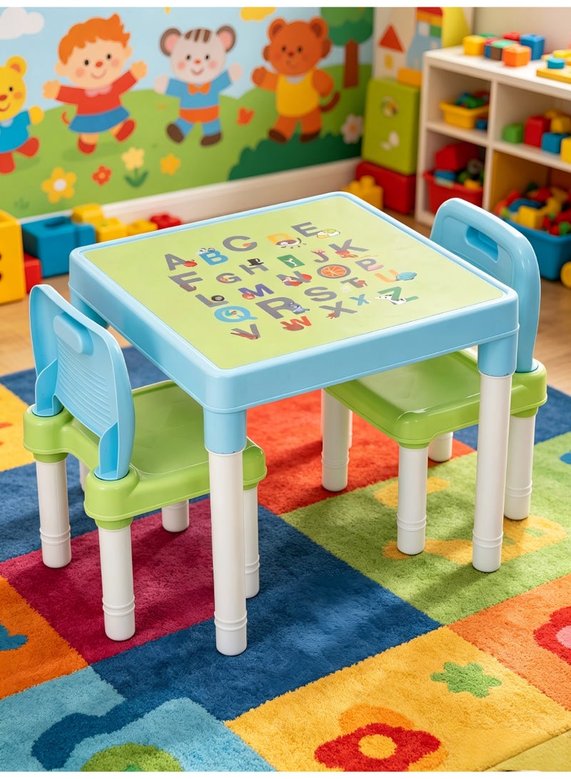 MIGA Adjustable table and chair set for children, ABC letter printed children's activity table, non-toxic plastic drawing, reading, dining, and game table, anti slip and stable learning furniture, 2-8 year old men's and women's Eid al Fitr gifts with two chairs and one table - Image 1